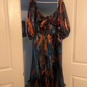 Hutch Green and Orange Ruffled Tie Front Maxi Dress